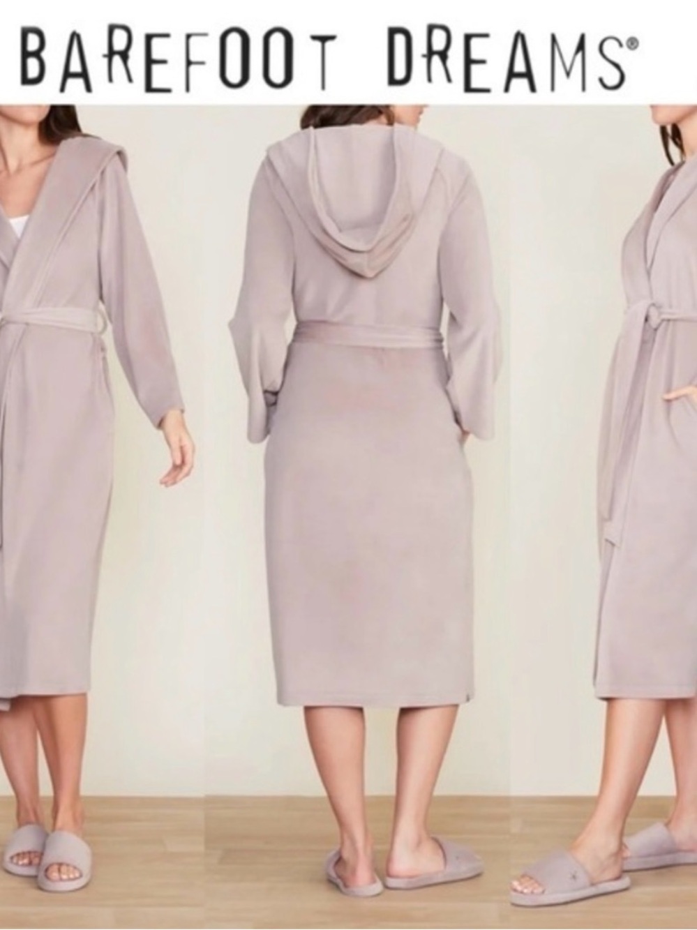 Barefoot Dreams Luxechic Velour Hooded Robe In Deep Taupe Retail price $198